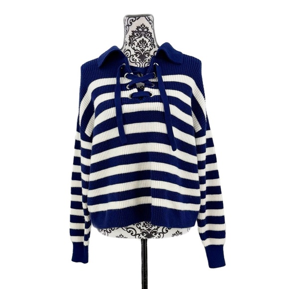 For the Republic Rugby Collar Navy & White Striped Lace up Nautical Soft Sweater - Picture 1 of 10